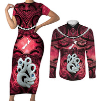 Personalised Maori Matariki Manaia Whero Couples Matching Short Sleeve Bodycon Dress and Long Sleeve Button Shirt Maori Kowhaiwhai Pattern Galaxy LT01 Red - Polynesian Pride