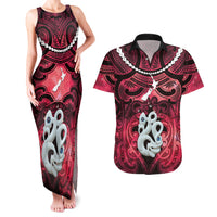 Personalised Maori Matariki Manaia Whero Couples Matching Tank Maxi Dress and Hawaiian Shirt Maori Kowhaiwhai Pattern Galaxy LT01 Red - Polynesian Pride