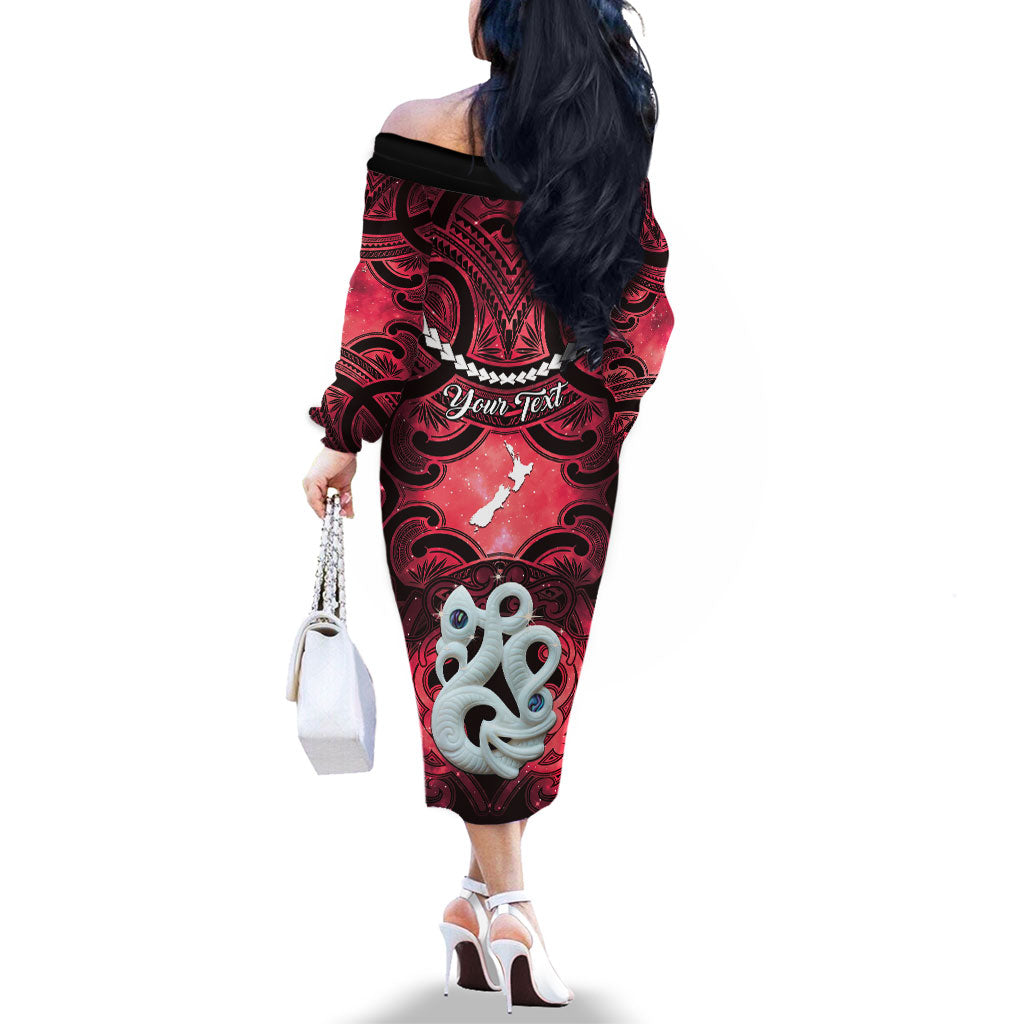 Personalised Maori Matariki Manaia Whero Family Matching Off The Shoulder Long Sleeve Dress and Hawaiian Shirt Maori Kowhaiwhai Pattern Galaxy LT01 - Polynesian Pride
