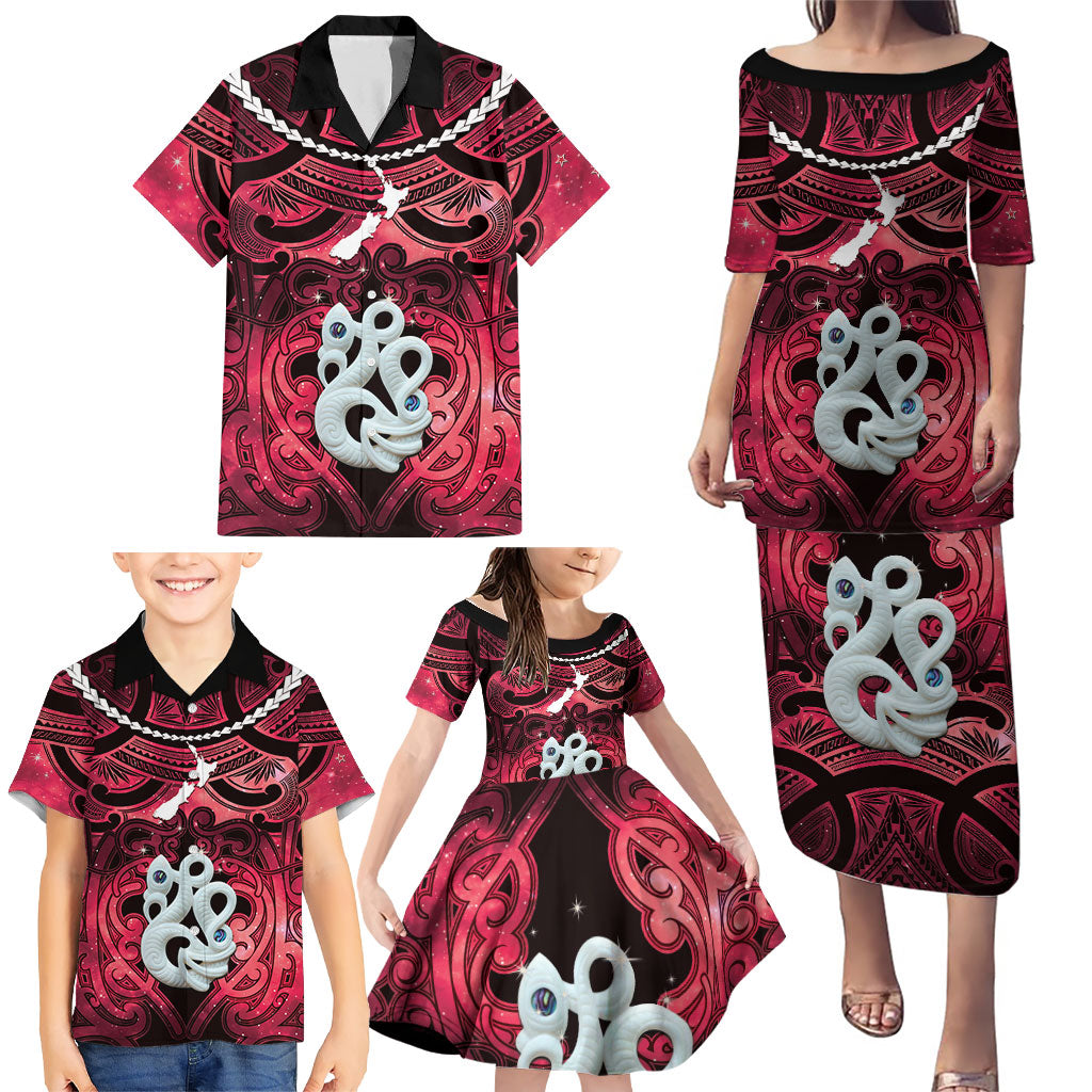 Personalised Maori Matariki Manaia Whero Family Matching Puletasi and Hawaiian Shirt Maori Kowhaiwhai Pattern Galaxy LT01 - Polynesian Pride