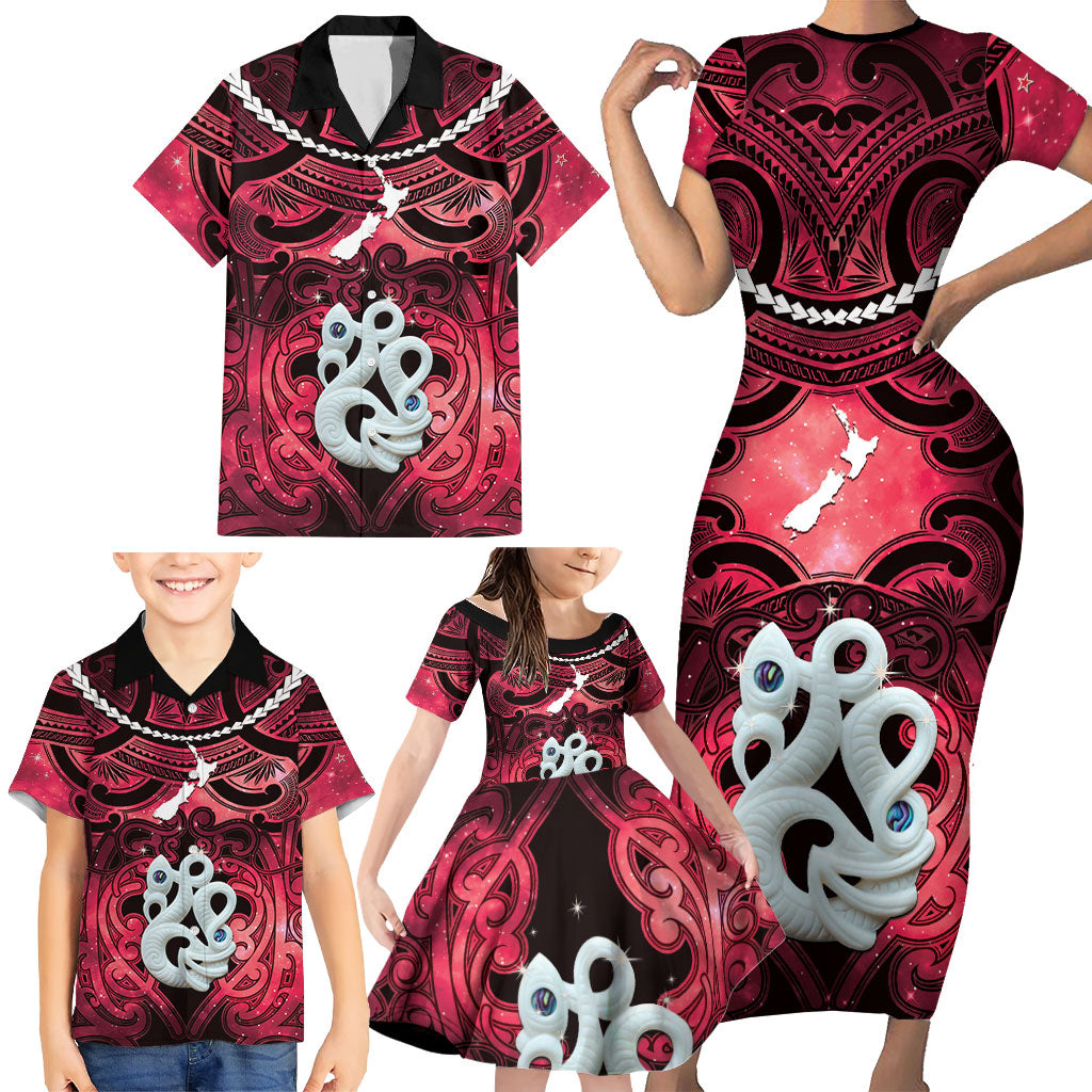 Personalised Maori Matariki Manaia Whero Family Matching Short Sleeve Bodycon Dress and Hawaiian Shirt Maori Kowhaiwhai Pattern Galaxy LT01 - Polynesian Pride