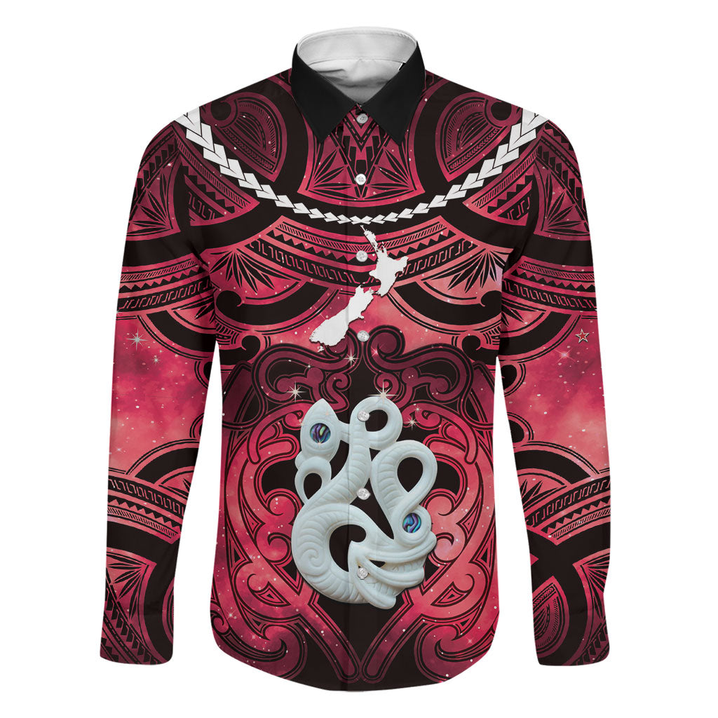 Personalised Maori Matariki Manaia Whero Family Matching Short Sleeve Bodycon Dress and Hawaiian Shirt Maori Kowhaiwhai Pattern Galaxy LT01 Dad's Shirt - Long Sleeve Red - Polynesian Pride