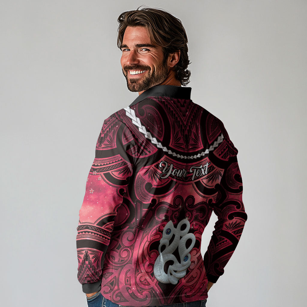 Personalised Maori Matariki Manaia Whero Long Sleeve Polo Shirt Maori Kowhaiwhai Pattern Galaxy