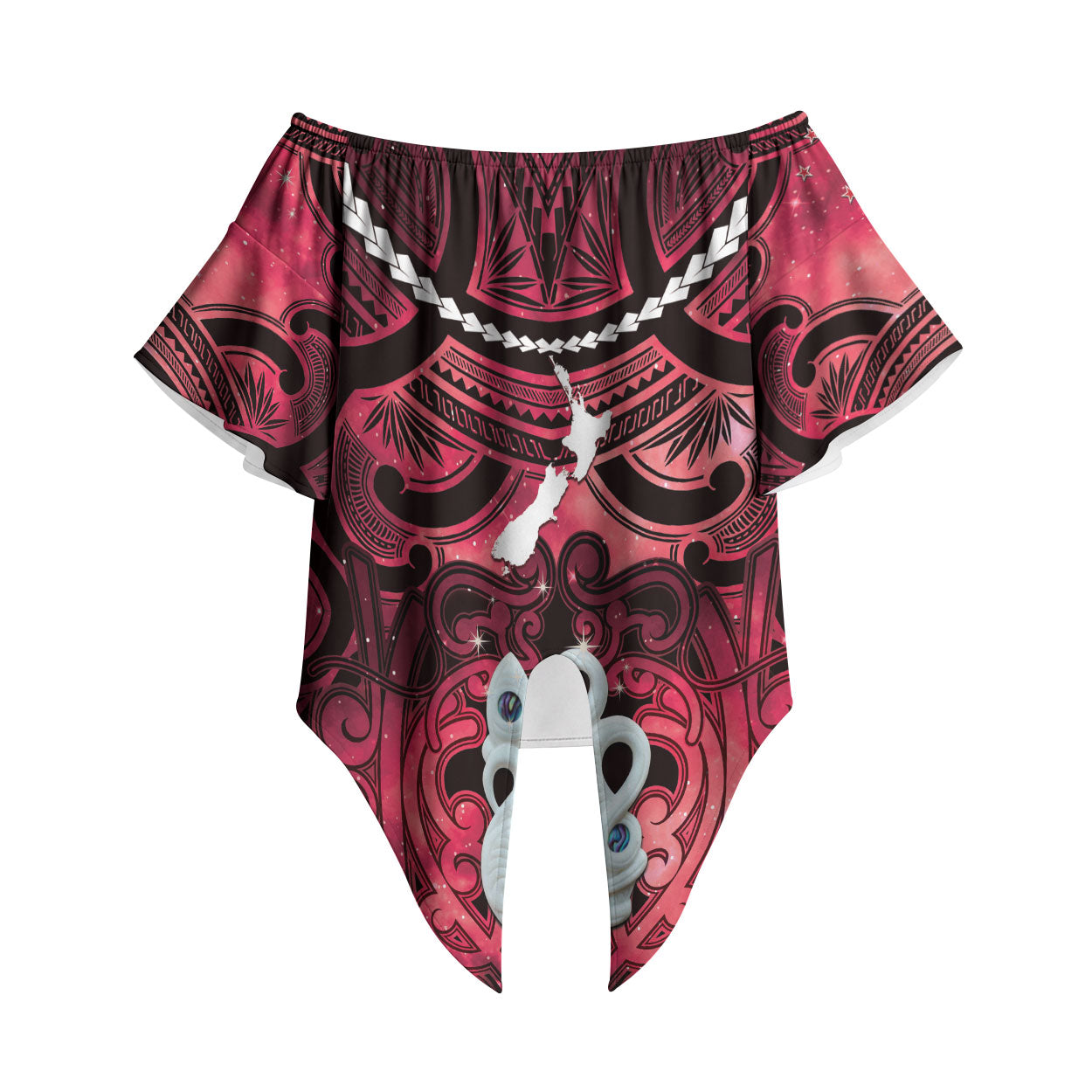 Personalised Maori Matariki Manaia Whero Off Shoulder Wrap Waist Top Maori Kowhaiwhai Pattern Galaxy LT01 Red - Polynesian Pride