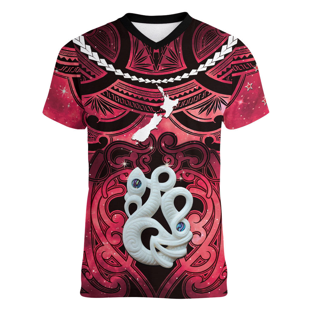 Personalised Maori Matariki Manaia Whero Women V-Neck T-Shirt Maori Kowhaiwhai Pattern Galaxy LT01 Female Red - Polynesian Pride