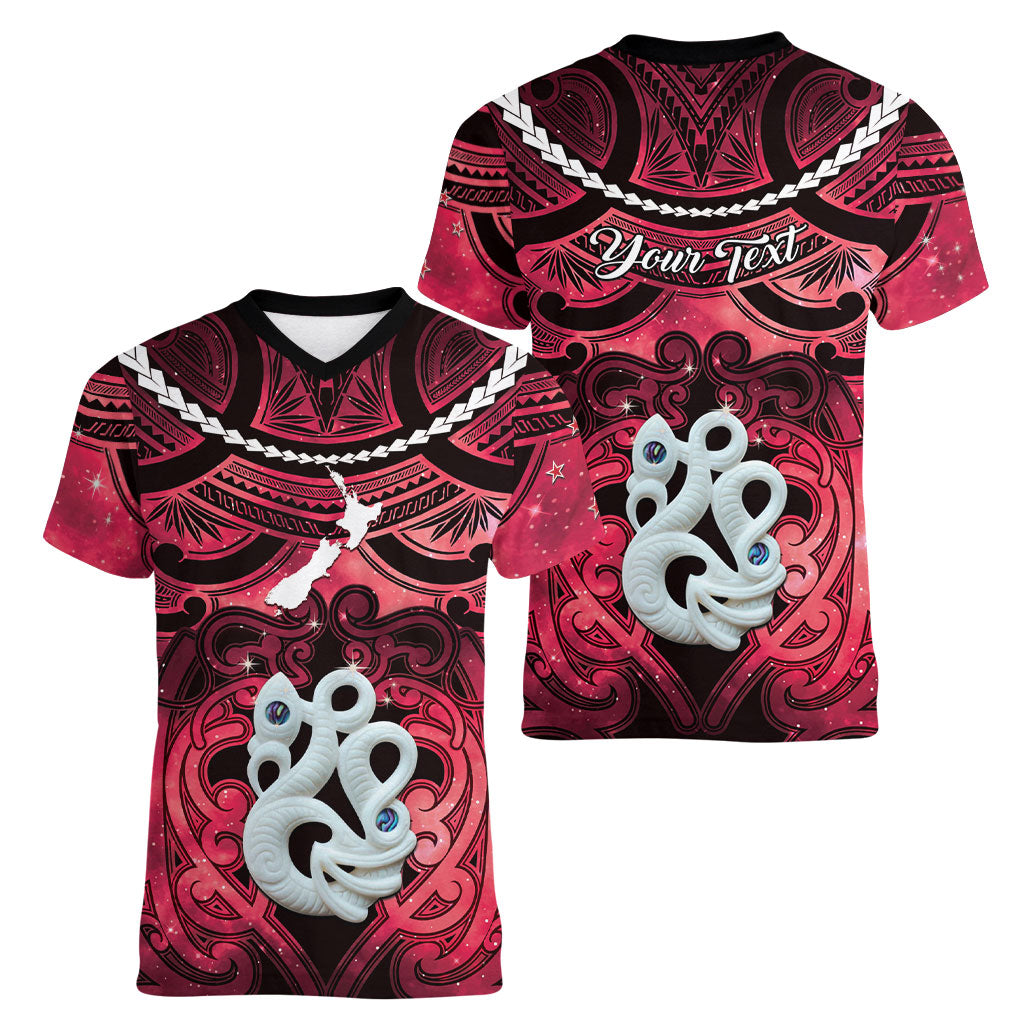 Personalised Maori Matariki Manaia Whero Women V-Neck T-Shirt Maori Kowhaiwhai Pattern Galaxy LT01 - Polynesian Pride