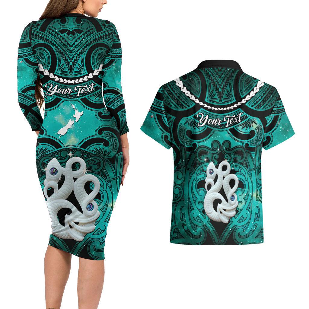 Personalised Maori Matariki Manaia Turquoise Couples Matching Long Sleeve Bodycon Dress and Hawaiian Shirt Maori Kowhaiwhai Pattern Galaxy LT01 - Polynesian Pride