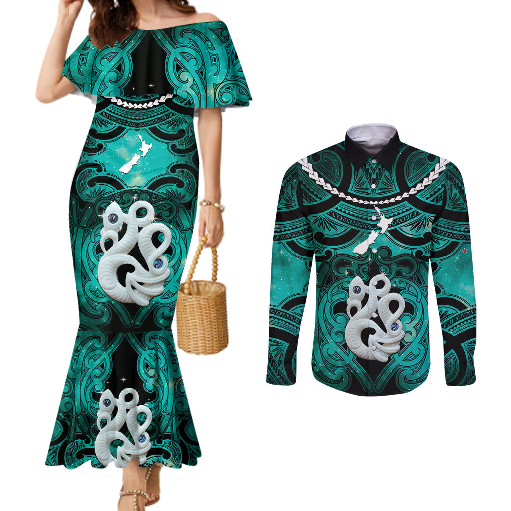 Personalised Maori Matariki Manaia Turquoise Couples Matching Mermaid Dress and Long Sleeve Button Shirt Maori Kowhaiwhai Pattern Galaxy LT01 Turquoise - Polynesian Pride