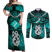 Personalised Maori Matariki Manaia Turquoise Couples Matching Off Shoulder Maxi Dress and Long Sleeve Button Shirt Maori Kowhaiwhai Pattern Galaxy LT01 Turquoise - Polynesian Pride