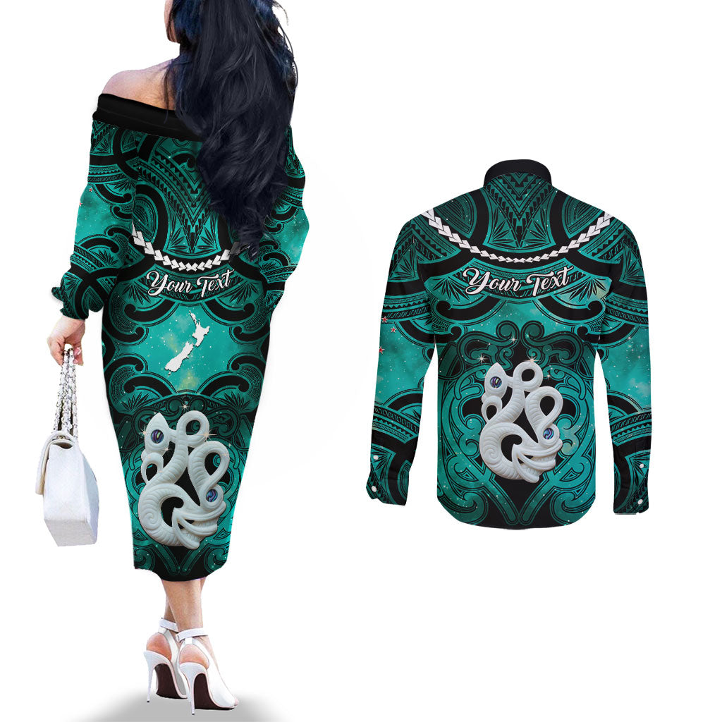 Personalised Maori Matariki Manaia Turquoise Couples Matching Off The Shoulder Long Sleeve Dress and Long Sleeve Button Shirt Maori Kowhaiwhai Pattern Galaxy LT01 - Polynesian Pride