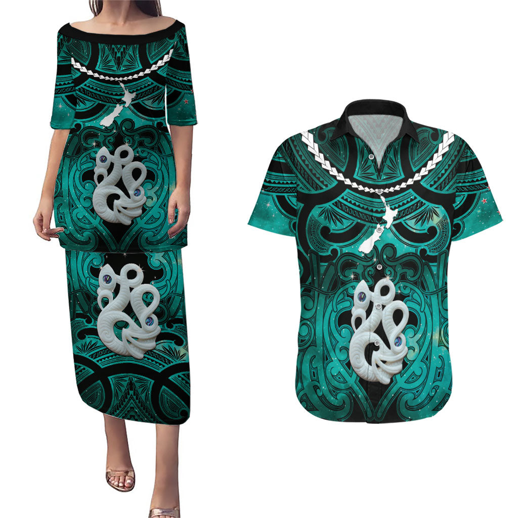 Personalised Maori Matariki Manaia Turquoise Couples Matching Puletasi and Hawaiian Shirt Maori Kowhaiwhai Pattern Galaxy LT01 Turquoise - Polynesian Pride