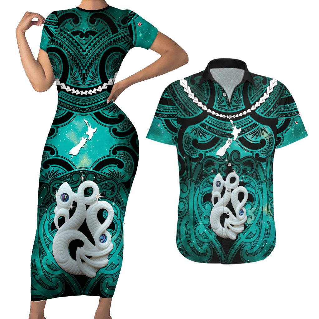 Personalised Maori Matariki Manaia Turquoise Couples Matching Short Sleeve Bodycon Dress and Hawaiian Shirt Maori Kowhaiwhai Pattern Galaxy LT01 Turquoise - Polynesian Pride