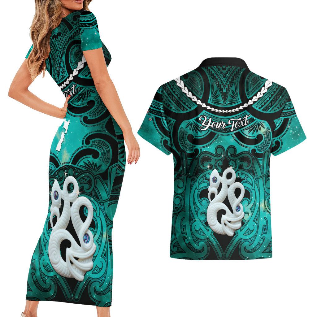 Personalised Maori Matariki Manaia Turquoise Couples Matching Short Sleeve Bodycon Dress and Hawaiian Shirt Maori Kowhaiwhai Pattern Galaxy LT01 - Polynesian Pride