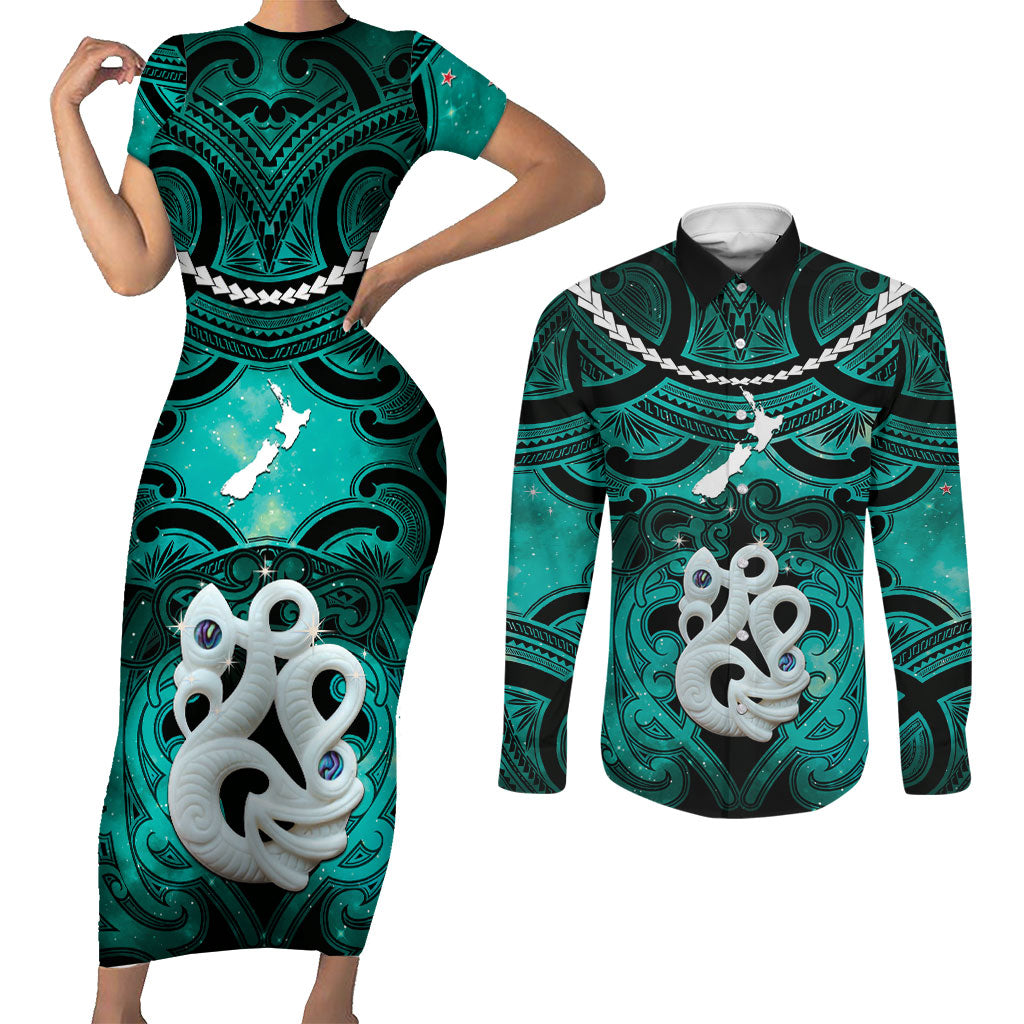 Personalised Maori Matariki Manaia Turquoise Couples Matching Short Sleeve Bodycon Dress and Long Sleeve Button Shirt Maori Kowhaiwhai Pattern Galaxy LT01 Turquoise - Polynesian Pride