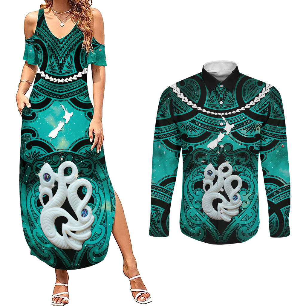 Personalised Maori Matariki Manaia Turquoise Couples Matching Summer Maxi Dress and Long Sleeve Button Shirt Maori Kowhaiwhai Pattern Galaxy LT01 Turquoise - Polynesian Pride