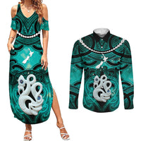 Personalised Maori Matariki Manaia Turquoise Couples Matching Summer Maxi Dress and Long Sleeve Button Shirt Maori Kowhaiwhai Pattern Galaxy LT01 Turquoise - Polynesian Pride