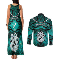 Personalised Maori Matariki Manaia Turquoise Couples Matching Tank Maxi Dress and Long Sleeve Button Shirt Maori Kowhaiwhai Pattern Galaxy LT01 - Polynesian Pride