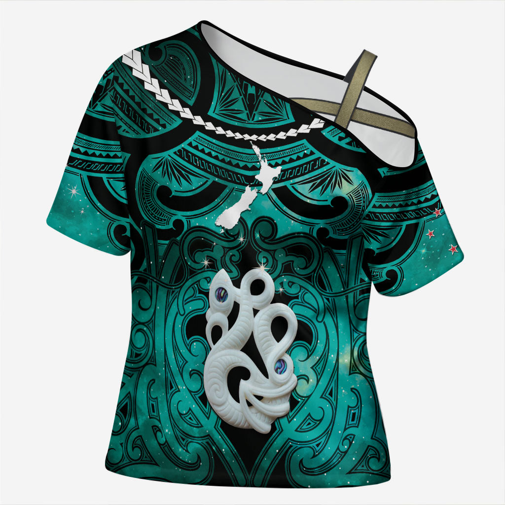 Personalised Maori Matariki Manaia Turquoise Cross Shoulder Shirt Maori Kowhaiwhai Pattern Galaxy