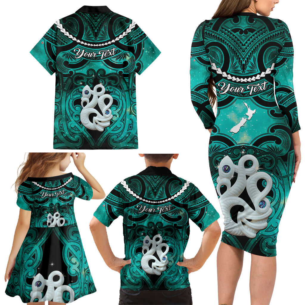 Personalised Maori Matariki Manaia Turquoise Family Matching Long Sleeve Bodycon Dress and Hawaiian Shirt Maori Kowhaiwhai Pattern Galaxy LT01 - Polynesian Pride