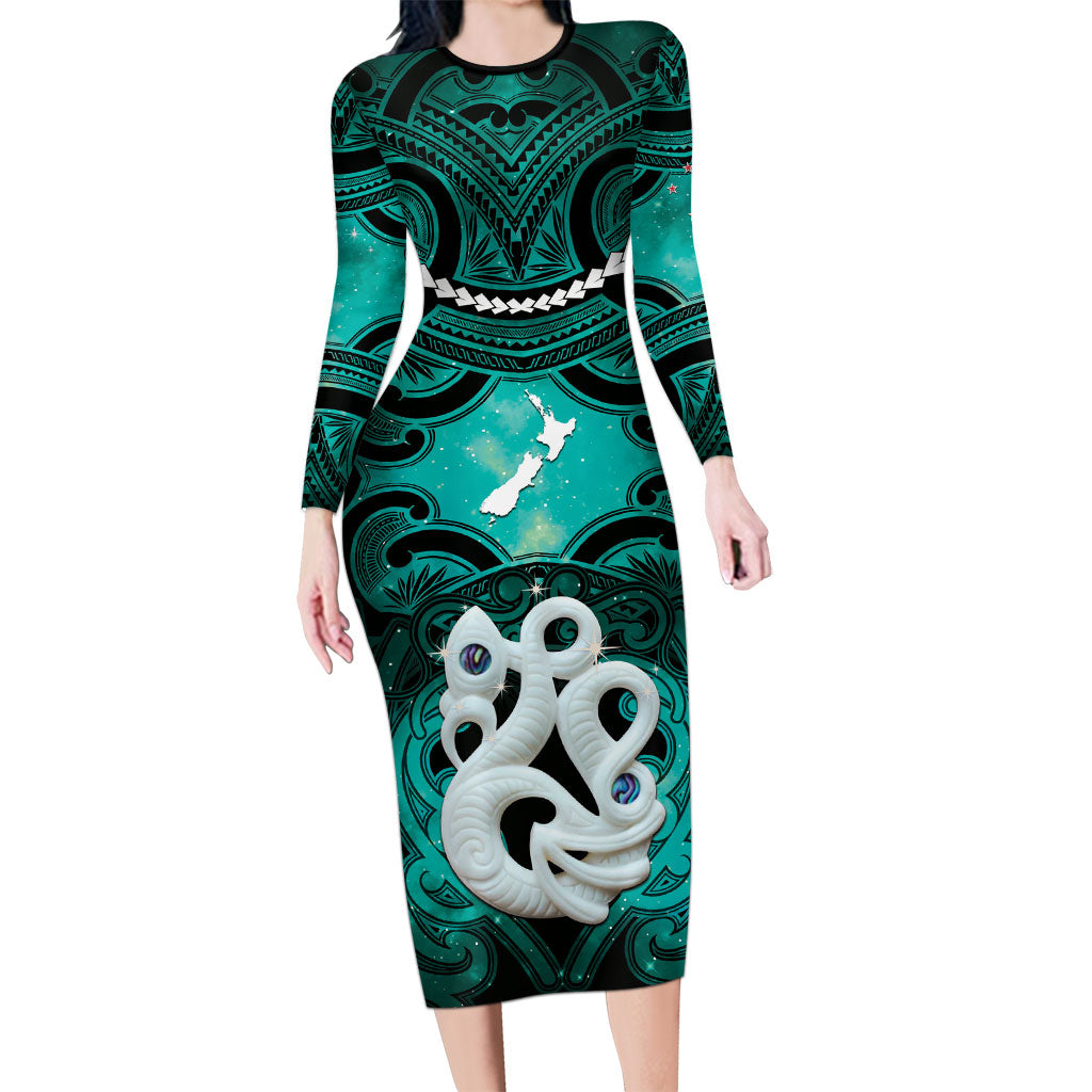 Personalised Maori Matariki Manaia Turquoise Family Matching Long Sleeve Bodycon Dress and Hawaiian Shirt Maori Kowhaiwhai Pattern Galaxy LT01 Mom's Dress Turquoise - Polynesian Pride