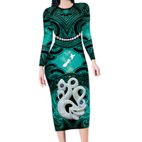 Personalised Maori Matariki Manaia Turquoise Family Matching Long Sleeve Bodycon Dress and Hawaiian Shirt Maori Kowhaiwhai Pattern Galaxy LT01 Mom's Dress Turquoise - Polynesian Pride