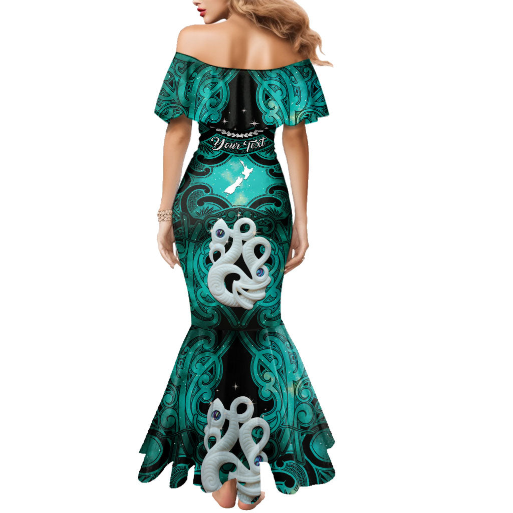 Personalised Maori Matariki Manaia Turquoise Family Matching Mermaid Dress and Hawaiian Shirt Maori Kowhaiwhai Pattern Galaxy LT01 - Polynesian Pride