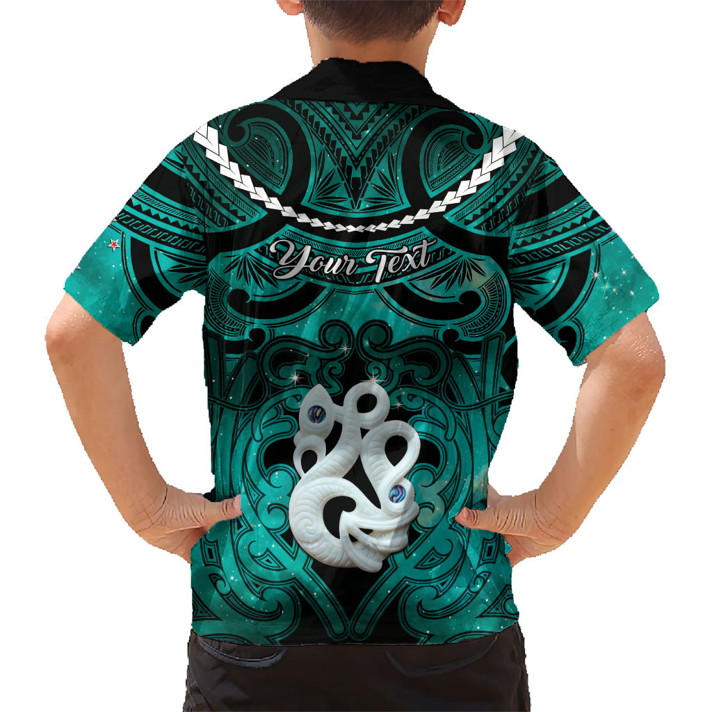 Personalised Maori Matariki Manaia Turquoise Family Matching Off The Shoulder Long Sleeve Dress and Hawaiian Shirt Maori Kowhaiwhai Pattern Galaxy LT01 - Polynesian Pride