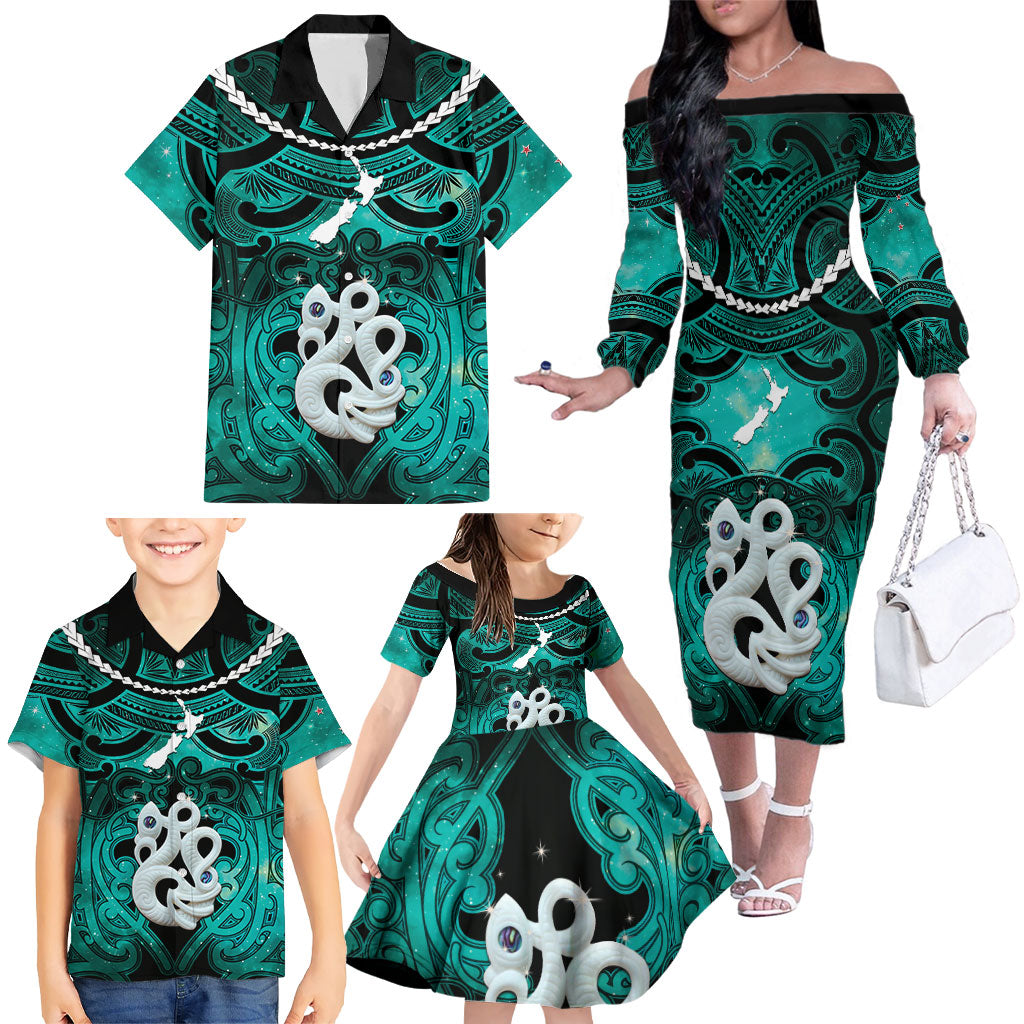 Personalised Maori Matariki Manaia Turquoise Family Matching Off The Shoulder Long Sleeve Dress and Hawaiian Shirt Maori Kowhaiwhai Pattern Galaxy