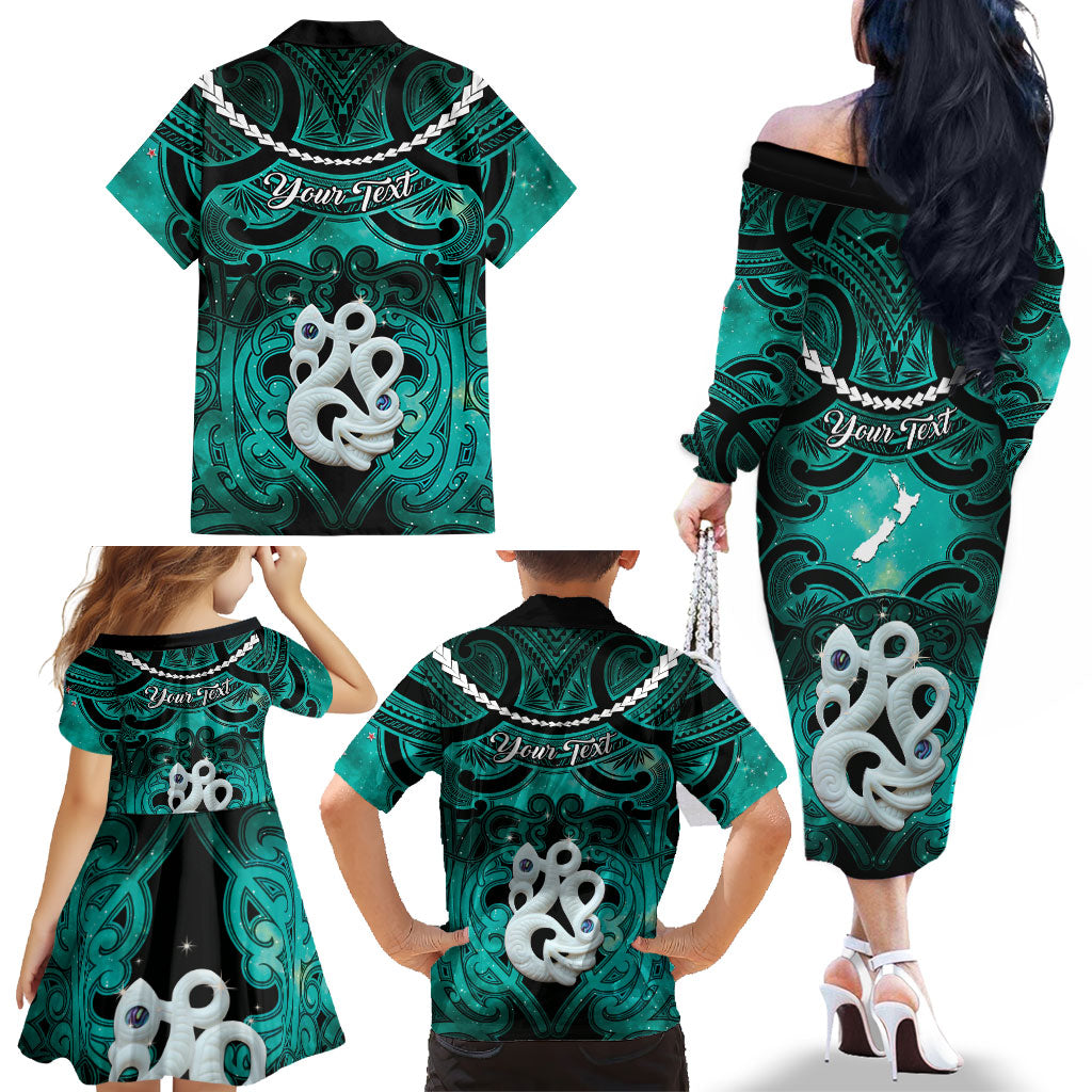 Personalised Maori Matariki Manaia Turquoise Family Matching Off The Shoulder Long Sleeve Dress and Hawaiian Shirt Maori Kowhaiwhai Pattern Galaxy LT01 - Polynesian Pride