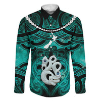Personalised Maori Matariki Manaia Turquoise Family Matching Off The Shoulder Long Sleeve Dress and Hawaiian Shirt Maori Kowhaiwhai Pattern Galaxy LT01 Dad's Shirt - Long Sleeve Turquoise - Polynesian Pride
