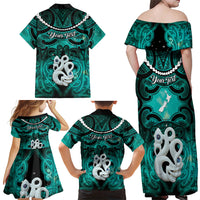 Personalised Maori Matariki Manaia Turquoise Family Matching Off Shoulder Maxi Dress and Hawaiian Shirt Maori Kowhaiwhai Pattern Galaxy LT01 - Polynesian Pride