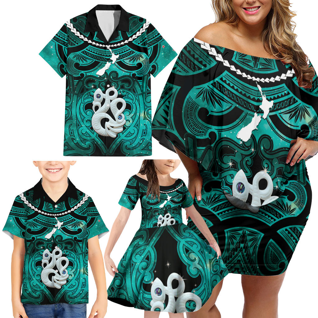 Personalised Maori Matariki Manaia Turquoise Family Matching Off Shoulder Short Dress and Hawaiian Shirt Maori Kowhaiwhai Pattern Galaxy
