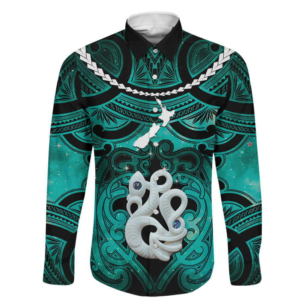 Personalised Maori Matariki Manaia Turquoise Family Matching Off Shoulder Short Dress and Hawaiian Shirt Maori Kowhaiwhai Pattern Galaxy LT01 Dad's Shirt - Long Sleeve Turquoise - Polynesian Pride