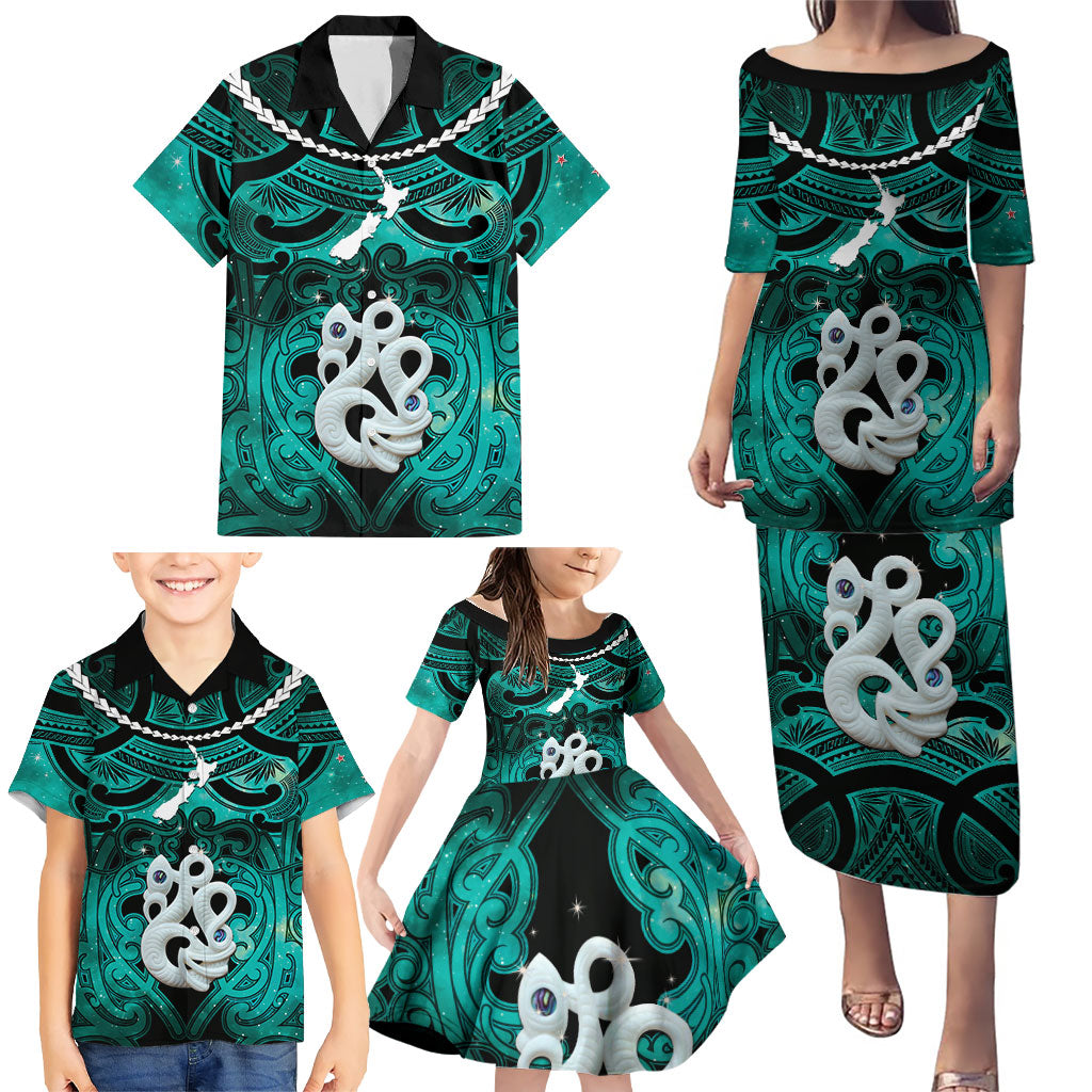 Personalised Maori Matariki Manaia Turquoise Family Matching Puletasi and Hawaiian Shirt Maori Kowhaiwhai Pattern Galaxy LT01 - Polynesian Pride