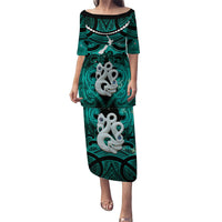 Personalised Maori Matariki Manaia Turquoise Family Matching Puletasi and Hawaiian Shirt Maori Kowhaiwhai Pattern Galaxy LT01 Mom's Dress Turquoise - Polynesian Pride