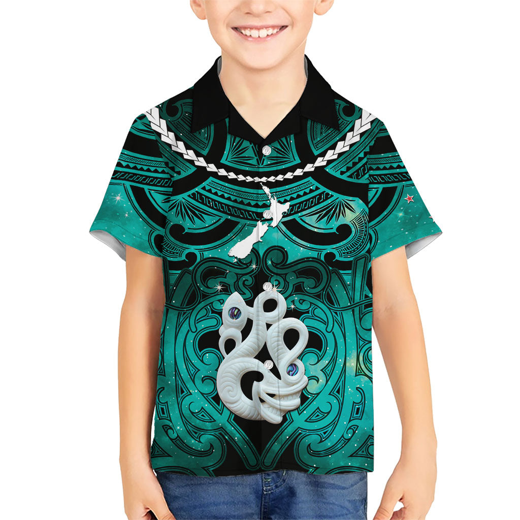 Personalised Maori Matariki Manaia Turquoise Family Matching Puletasi and Hawaiian Shirt Maori Kowhaiwhai Pattern Galaxy LT01 Son's Shirt Turquoise - Polynesian Pride