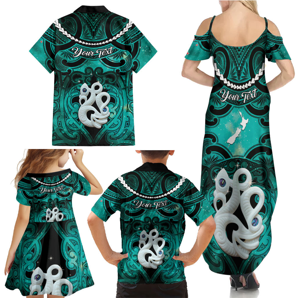 Personalised Maori Matariki Manaia Turquoise Family Matching Summer Maxi Dress and Hawaiian Shirt Maori Kowhaiwhai Pattern Galaxy LT01 - Polynesian Pride