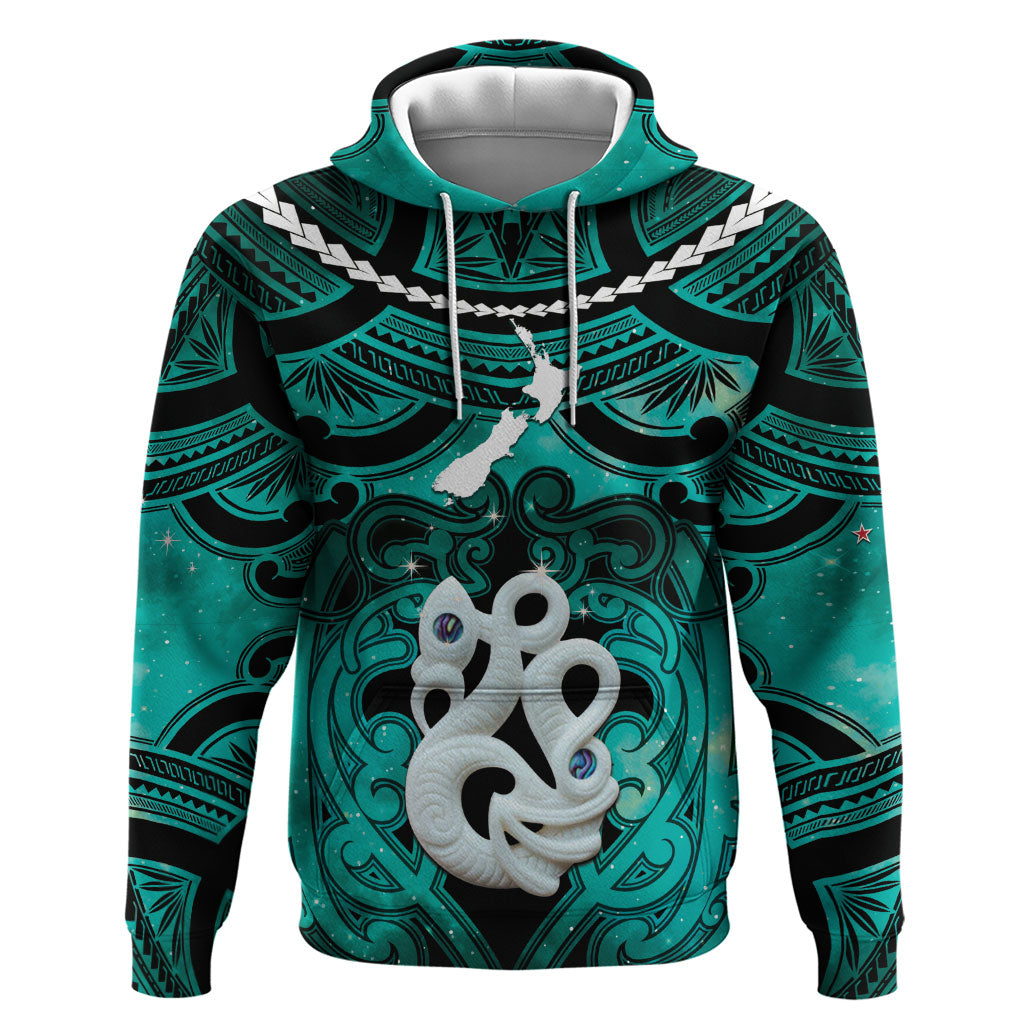 Personalised Maori Matariki Manaia Turquoise Hoodie Maori Kowhaiwhai Pattern Galaxy