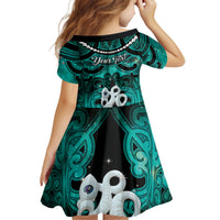 Personalised Maori Matariki Manaia Turquoise Kid Short Sleeve Dress Maori Kowhaiwhai Pattern Galaxy