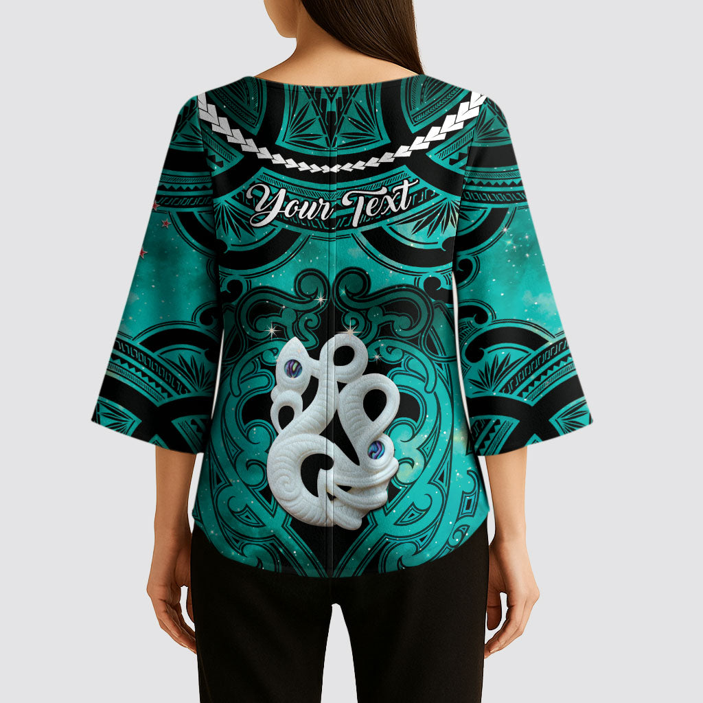 Personalised Maori Matariki Manaia Turquoise Kimono Sleeve Blouse Maori Kowhaiwhai Pattern Galaxy