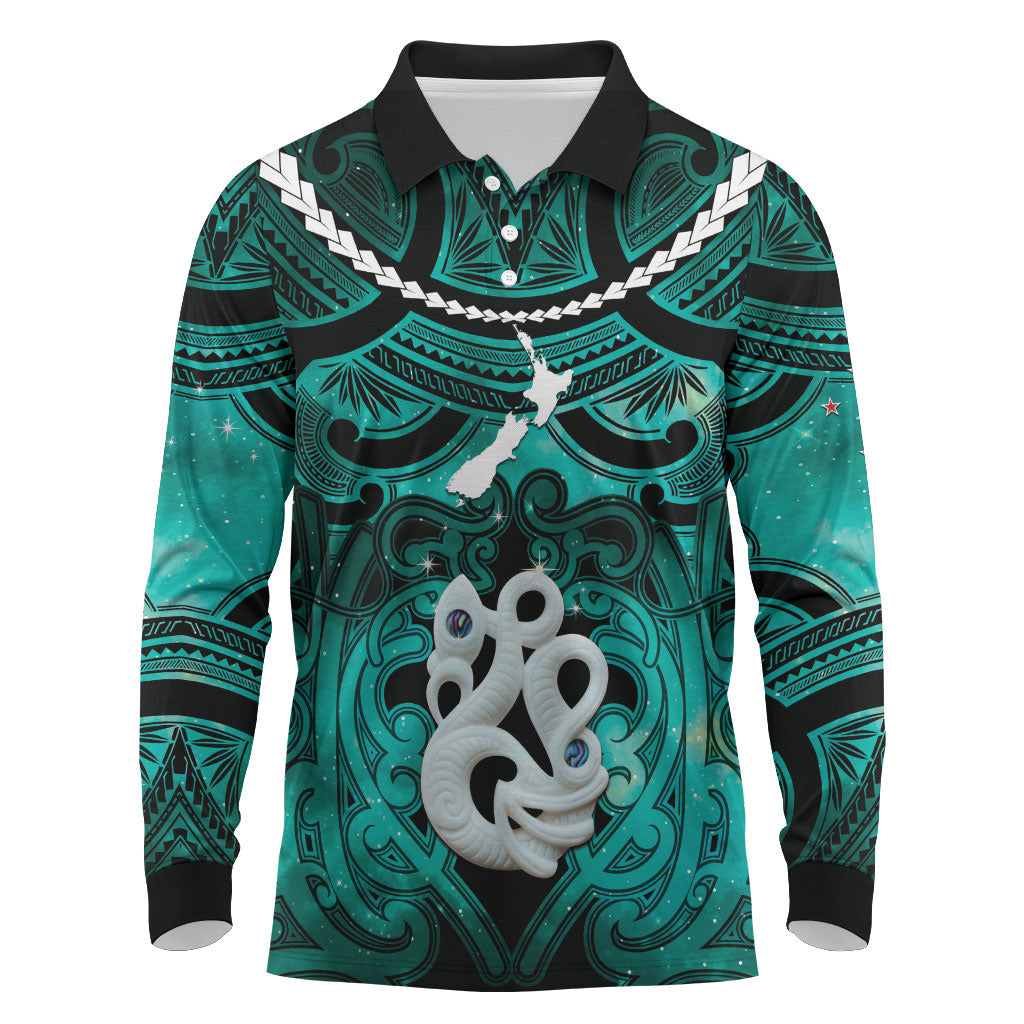 Personalised Maori Matariki Manaia Turquoise Long Sleeve Polo Shirt Maori Kowhaiwhai Pattern Galaxy