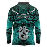 Personalised Maori Matariki Manaia Turquoise Long Sleeve Polo Shirt Maori Kowhaiwhai Pattern Galaxy