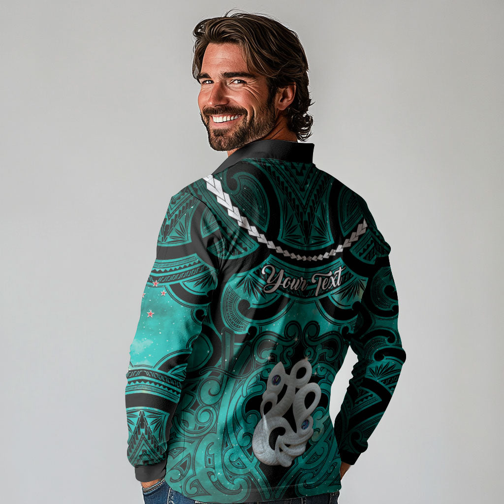 Personalised Maori Matariki Manaia Turquoise Long Sleeve Polo Shirt Maori Kowhaiwhai Pattern Galaxy