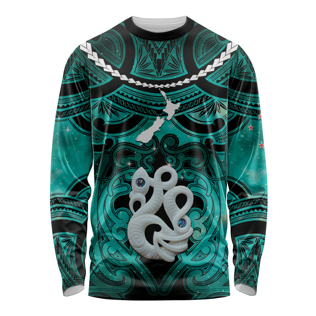 Personalised Maori Matariki Manaia Turquoise Long Sleeve Shirt Maori Kowhaiwhai Pattern Galaxy