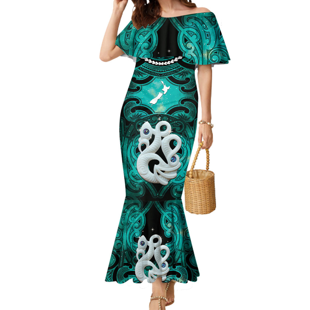 Personalised Maori Matariki Manaia Turquoise Mermaid Dress Maori Kowhaiwhai Pattern Galaxy