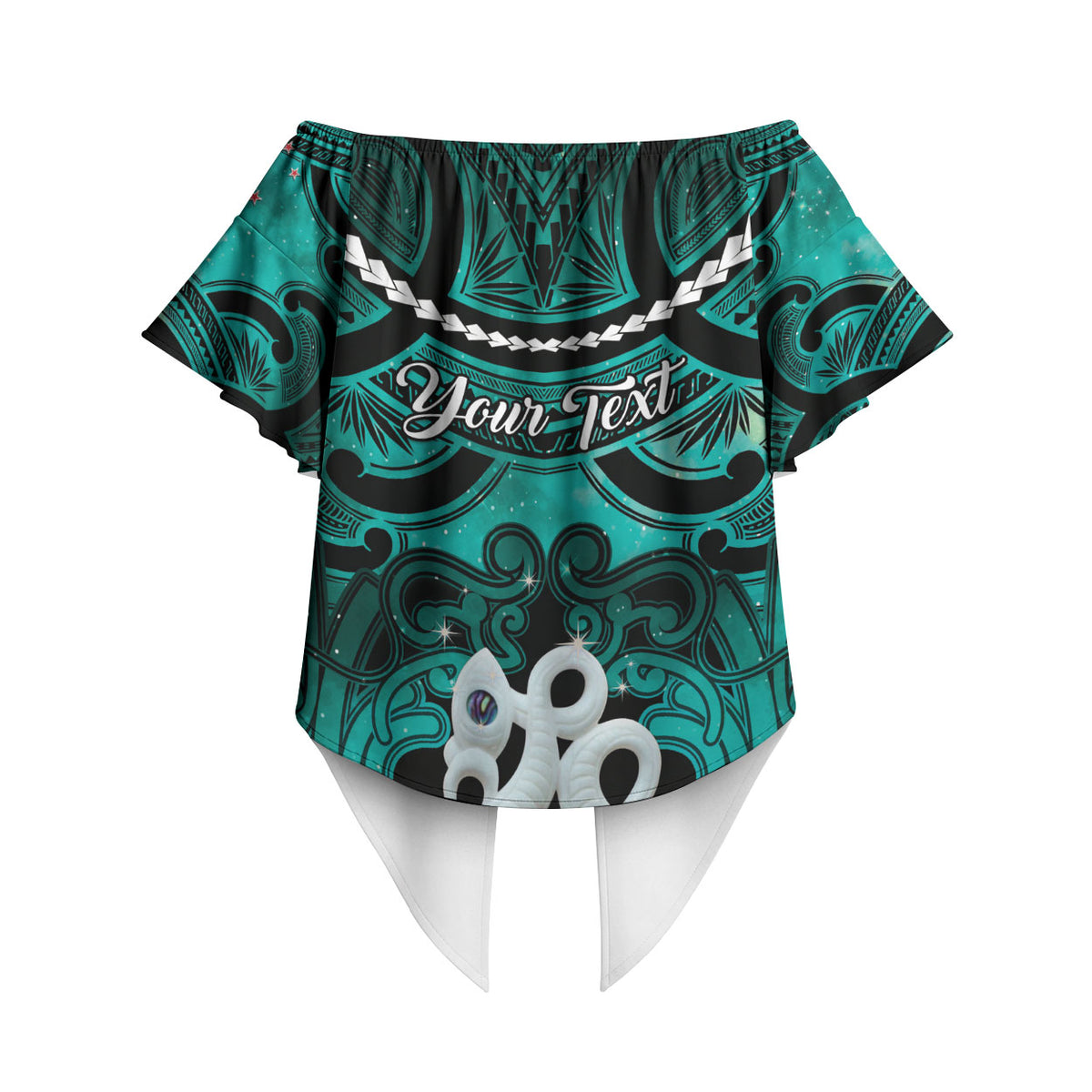 Personalised Maori Matariki Manaia Turquoise Off Shoulder Wrap Waist Top Maori Kowhaiwhai Pattern Galaxy LT01 - Polynesian Pride
