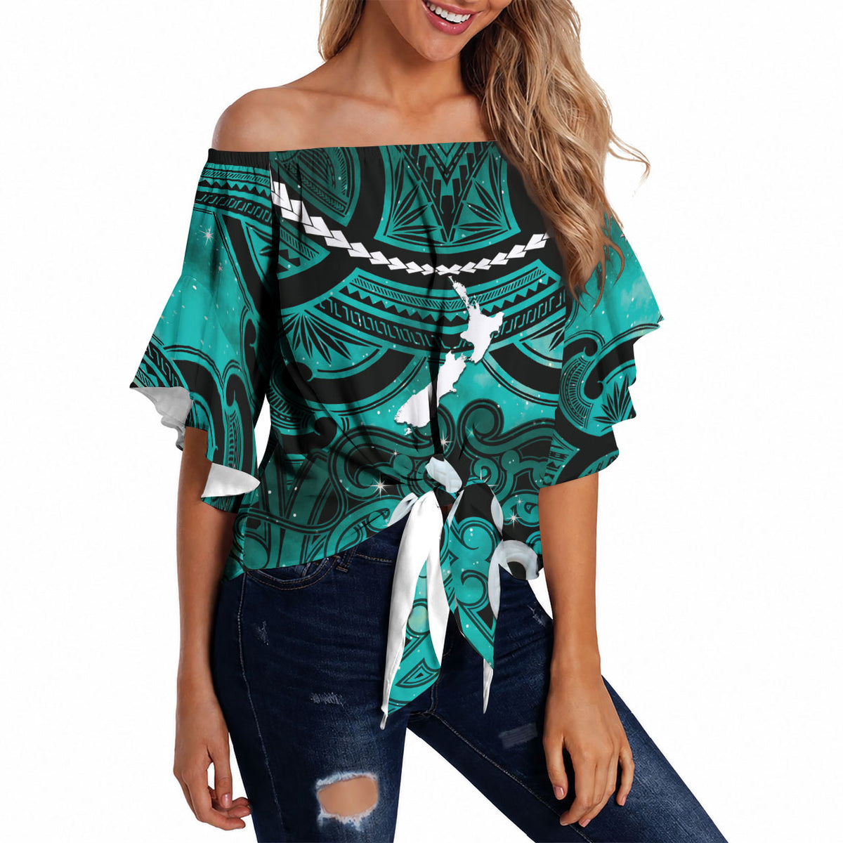 Personalised Maori Matariki Manaia Turquoise Off Shoulder Wrap Waist Top Maori Kowhaiwhai Pattern Galaxy LT01 - Polynesian Pride
