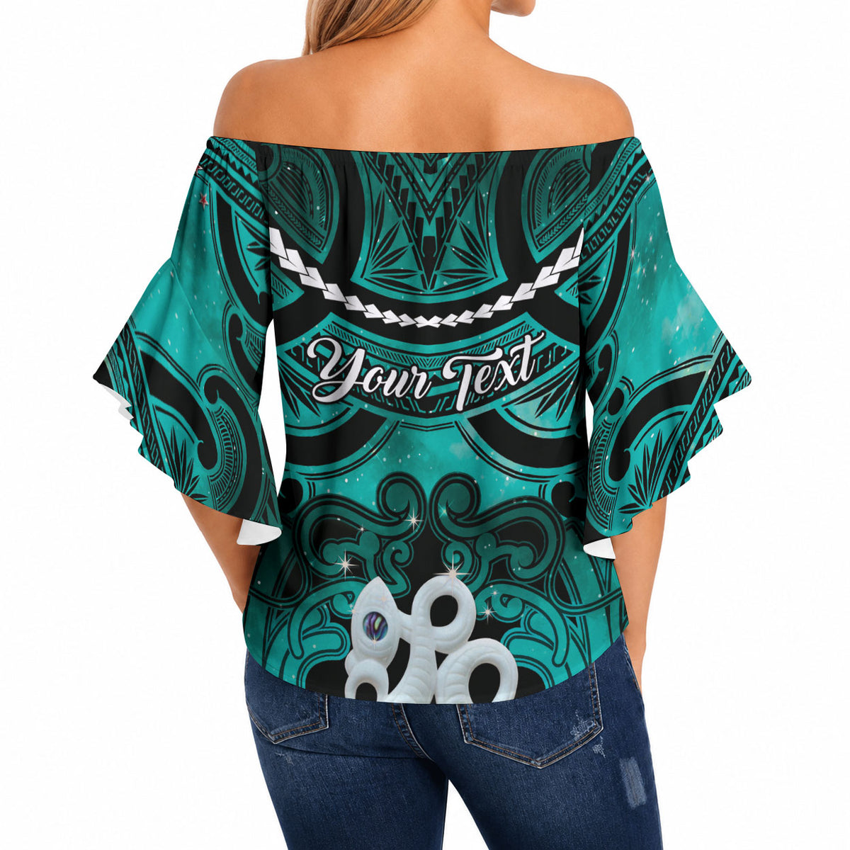Personalised Maori Matariki Manaia Turquoise Off Shoulder Wrap Waist Top Maori Kowhaiwhai Pattern Galaxy LT01 - Polynesian Pride