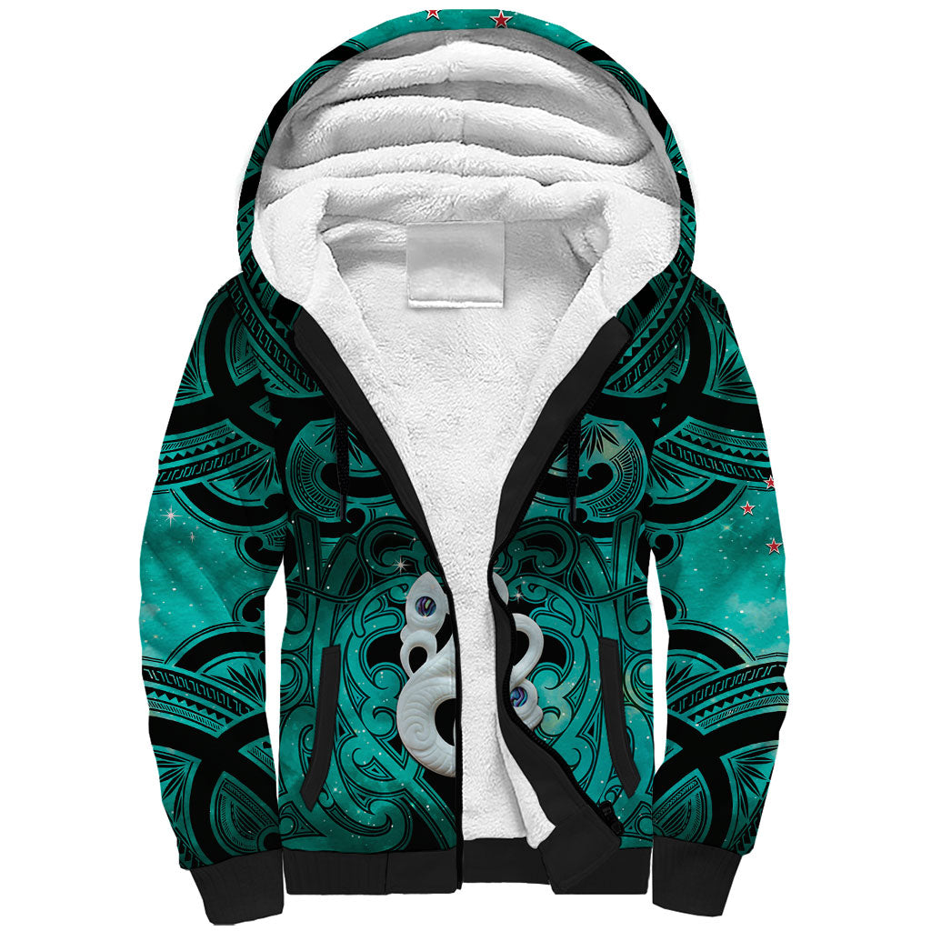 Personalised Maori Matariki Manaia Turquoise Sherpa Hoodie Maori Kowhaiwhai Pattern Galaxy LT01 Unisex Turquoise - Polynesian Pride
