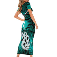 Personalised Maori Matariki Manaia Turquoise Short Sleeve Bodycon Dress Maori Kowhaiwhai Pattern Galaxy
